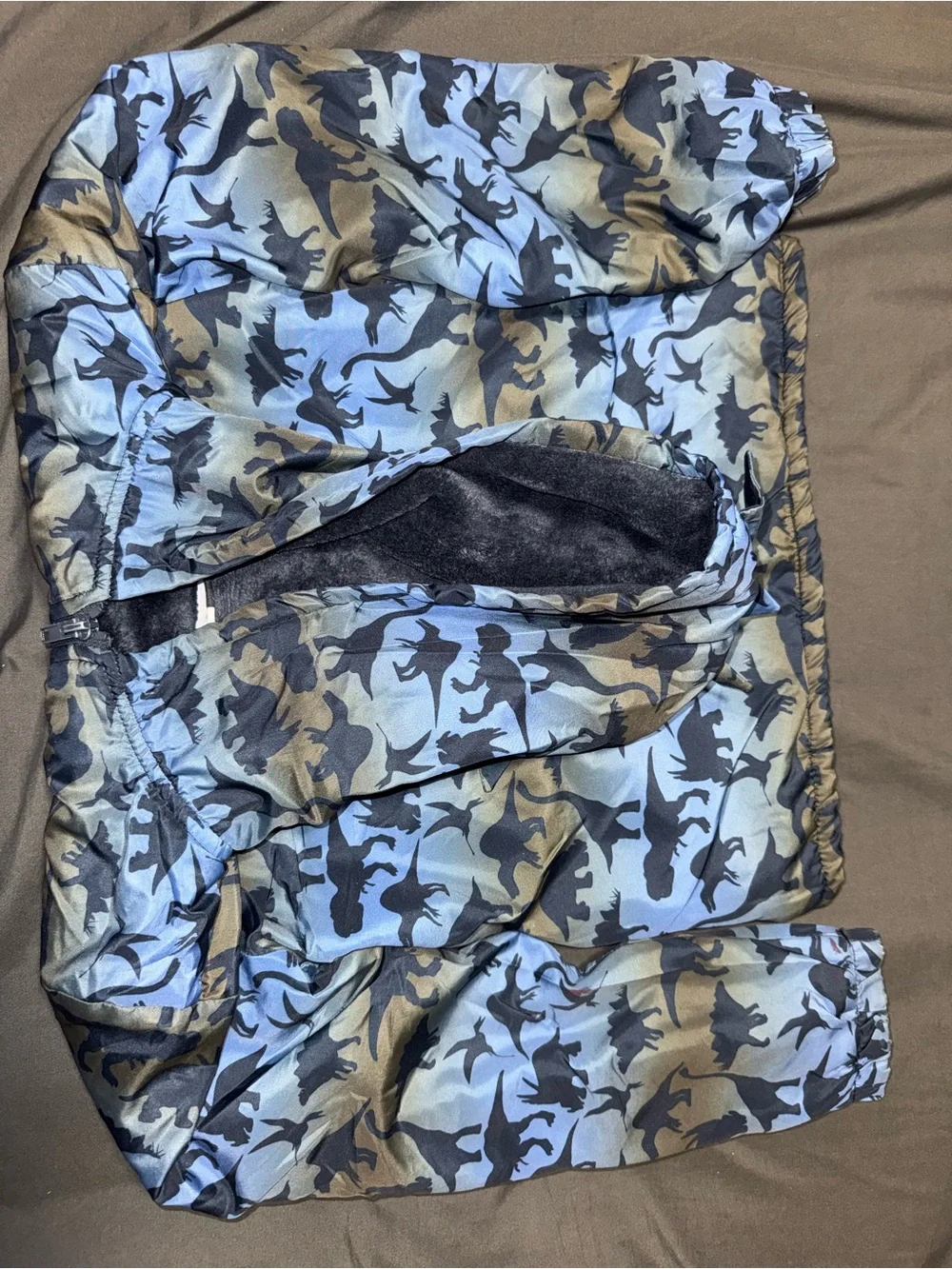 Children's Hooded Puffer Jacket in Blue Dinosaur Print